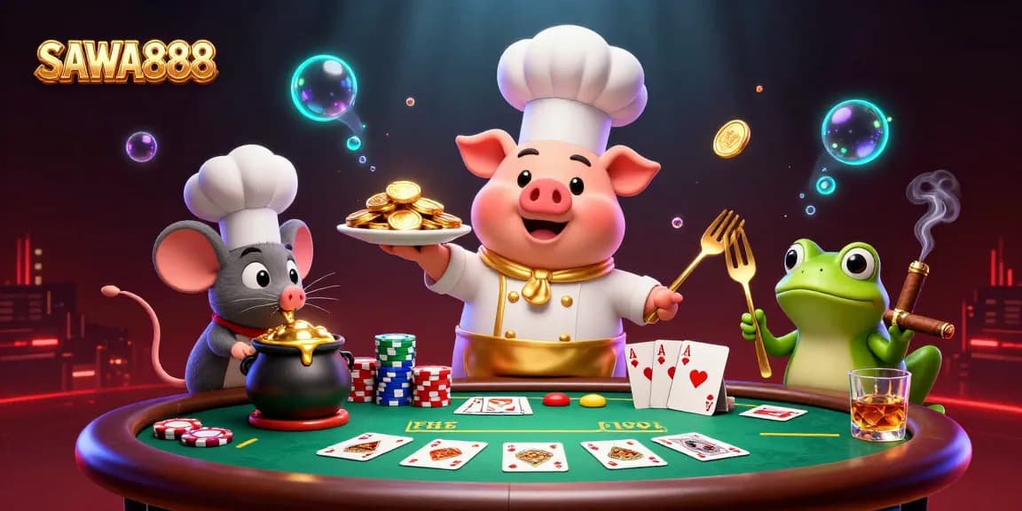 Engage with SAWA888's exciting gaming scene featuring characters and gold elements amidst rich casino visuals.