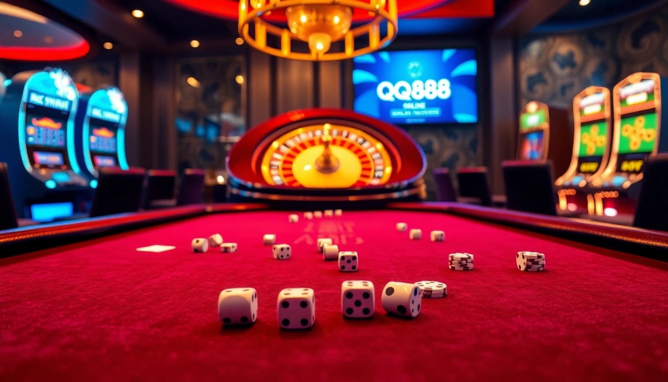 Casino scene with QQ88 logo, featuring poker chips and a roulette wheel.