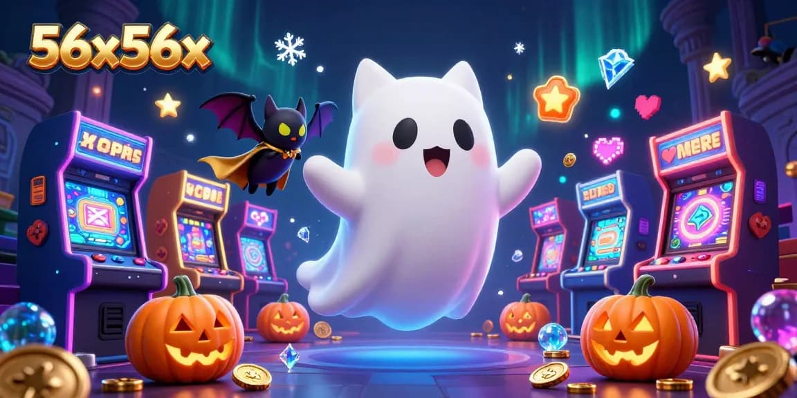 O fantasma gato do 56x56x flutua em um cassino assombrado, cercado por máquinas de arcade vibrantes.