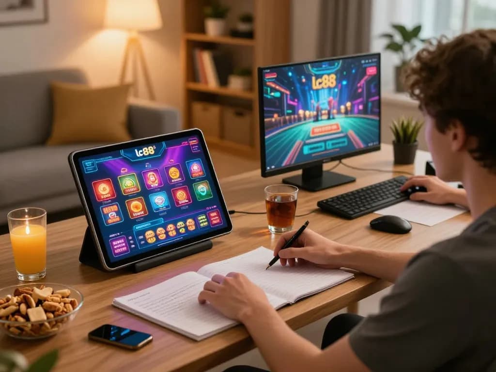 Engaging in game lc88 on a tablet in a cozy home setting with snacks and drinks.