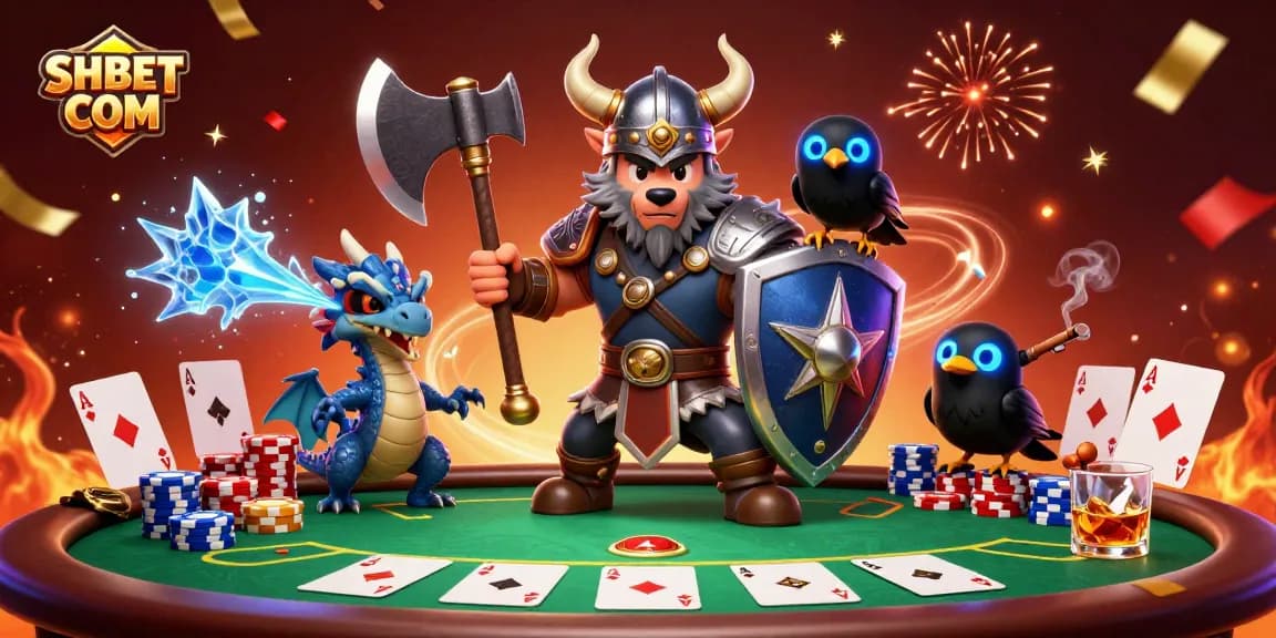Engage in thrilling action at SHBET COM with a Viking wolf warrior, dragon, and poker elements!