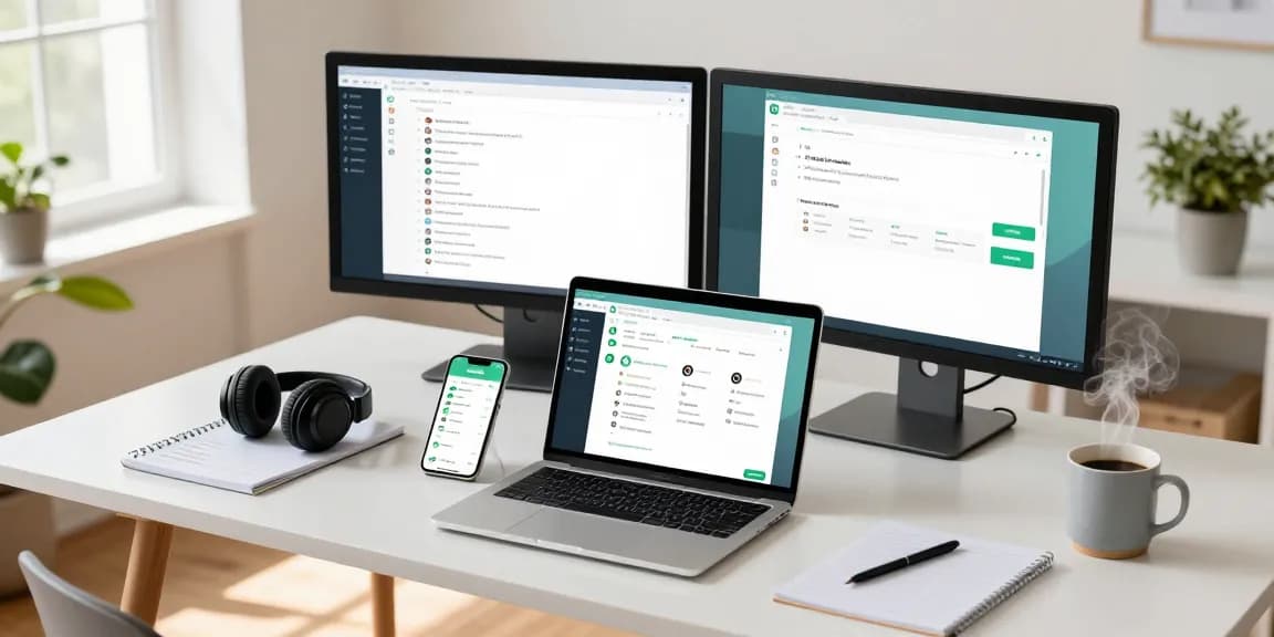 Connecting to WhatsApp網頁版 on a sleek laptop in a modern workspace