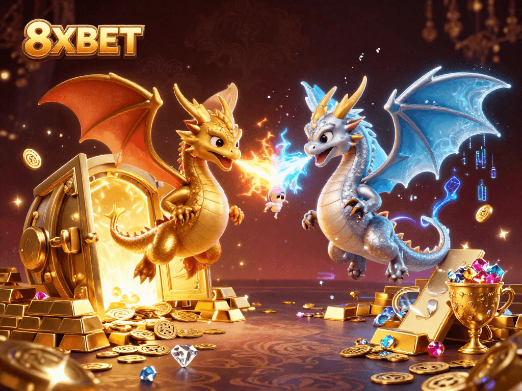 Experience the thrill of 8XBET with twin dragons in flight, amidst treasures and casino motifs.