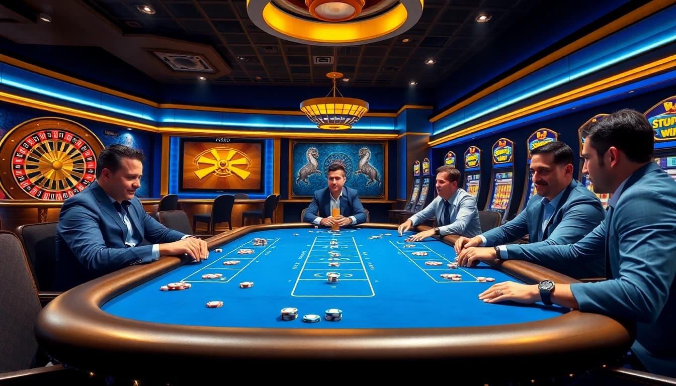 KPI4D players strategizing at a professional poker table in a lively casino setting.