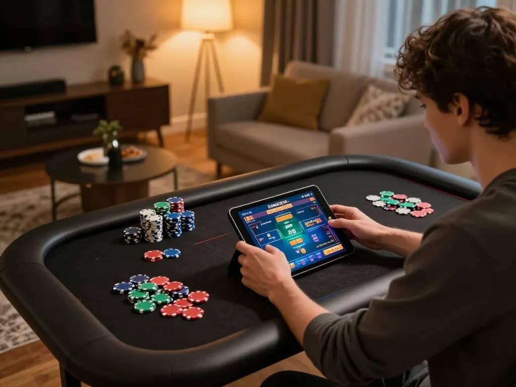 Uk88 player engaging in online slots with cozy home atmosphere and tablet in hand