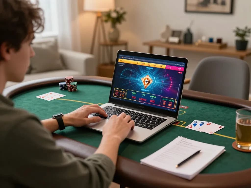 MB66 online casino player interacting with a laptop for a poker game, comfortable home setting
