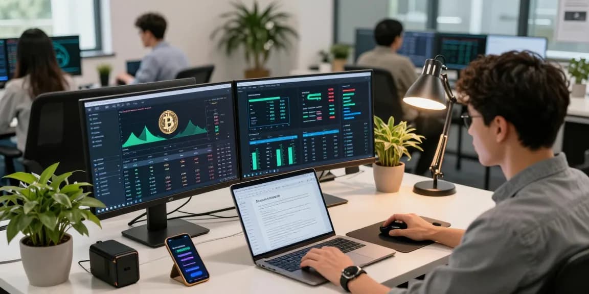 Sustainable bitcoin mining insights displayed on dual monitors in a professional crypto workspace, featuring blockchain performance metrics and digital wallet data.