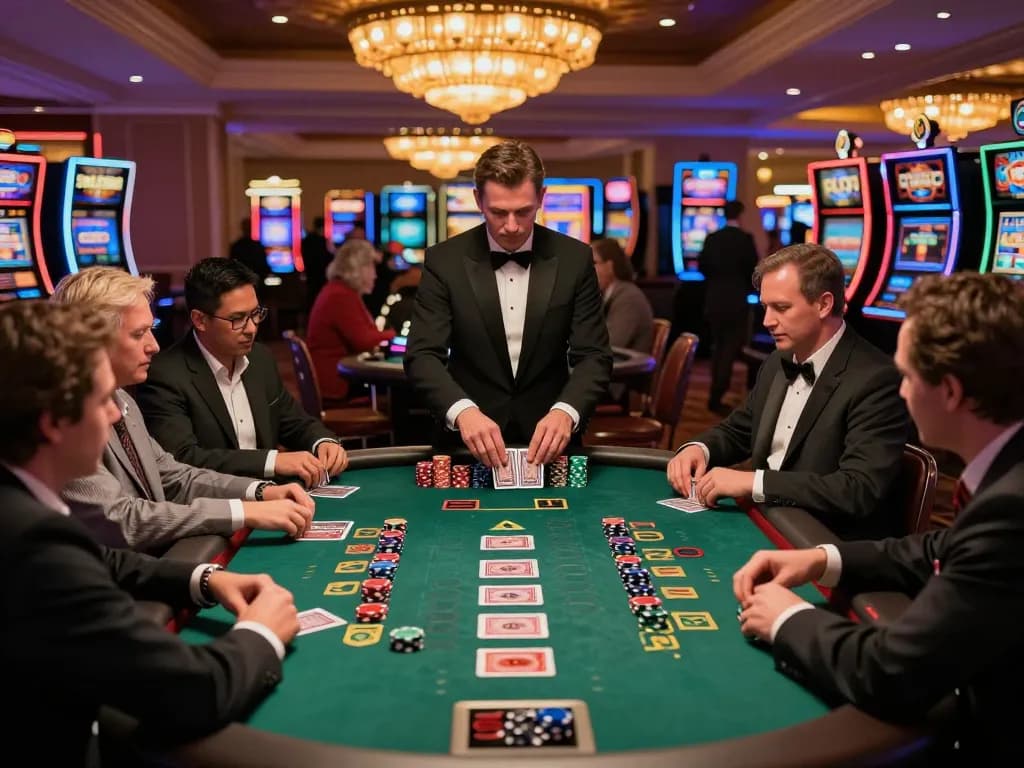 Winstrike69 players strategizing at a blackjack table with vibrant chips and cards.