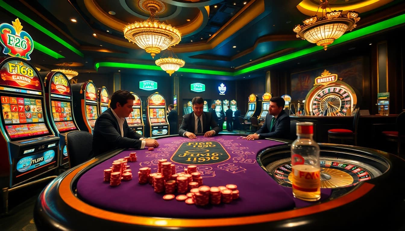 Engaged players at F168-themed poker table in an exciting casino setting.