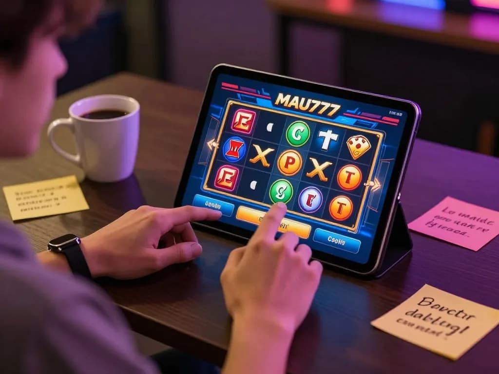 Engaging with MAU777 link alternatif app showcasing exciting slot options in a cozy home setting.