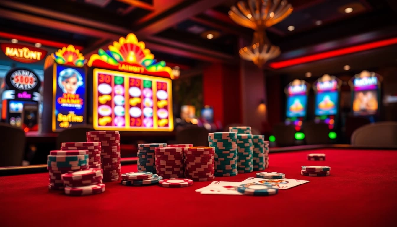 Experience the excitement of gambling at link thabet with vibrant casino tables and slot machines.
