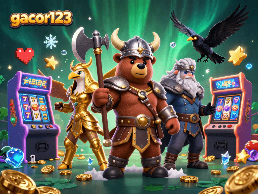 Experience the excitement of gacor123 with dynamic slots, a Viking berserker, and gaming elements in vibrant detail.
