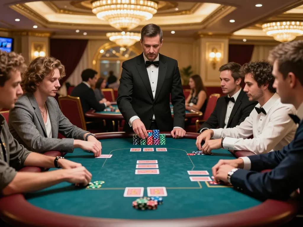 Players strategizing at a poker table in a stylish casino with vibrant lc88 atmosphere.