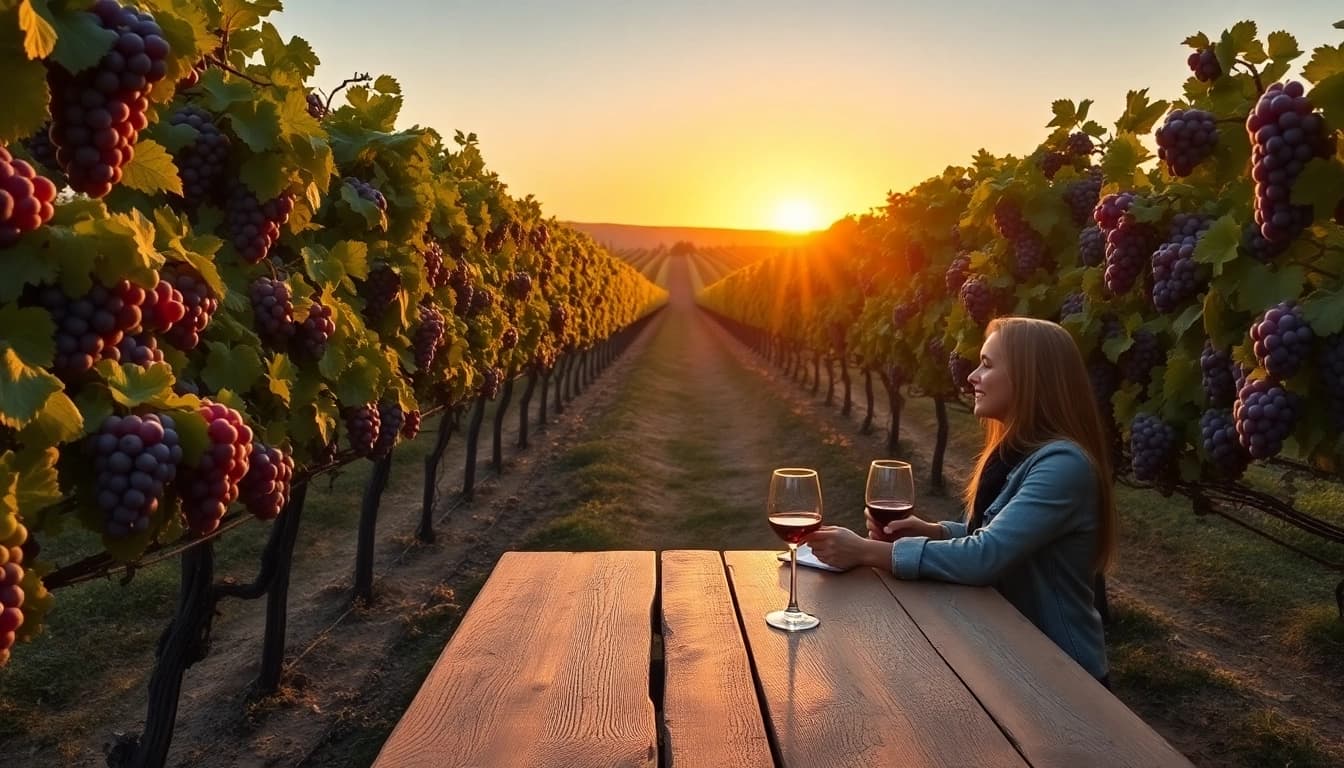 Couple enjoying wine tasting at Clarksburg wineries in a vibrant vineyard setting.
