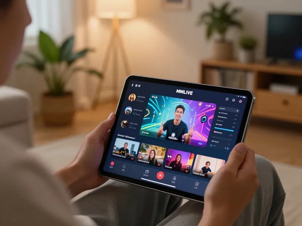 Players enjoying the MMLIVE app on a tablet for vibrant gaming experiences at home