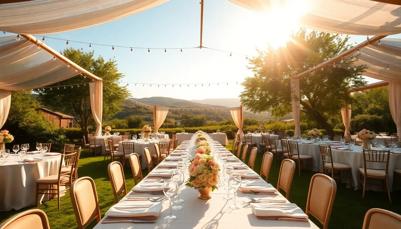 Set up for Clarksburg Wedding Venues featuring an elegant outdoor reception with floral décor.