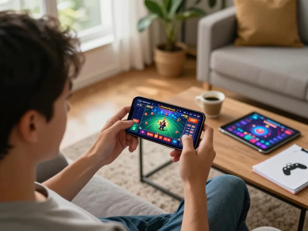 Engaging online gambling with the vn23 app on a smartphone in a cozy living room setting.