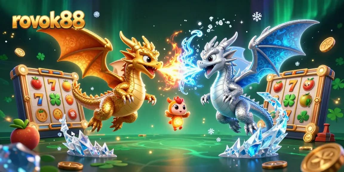Experience lively gameplay at rokok88 with golden and silver dragons, slot game reels, and jackpot excitement.