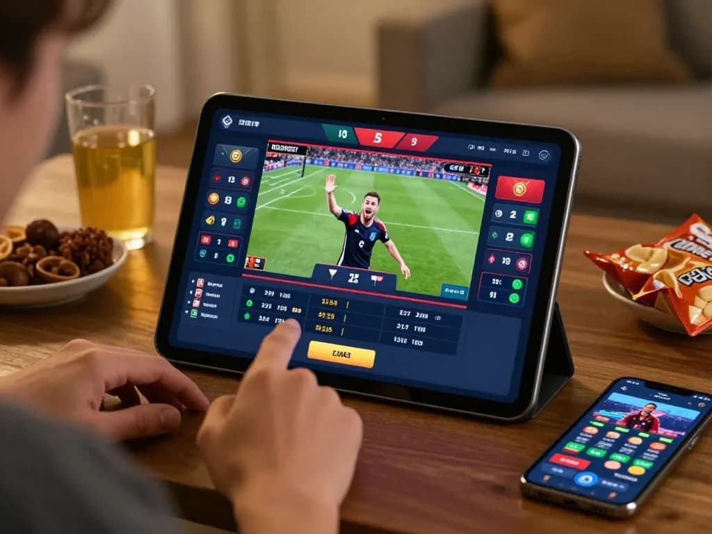 Player engaging in dynamic sports betting with DU88 app displayed on tablet, showcasing live match excitement.