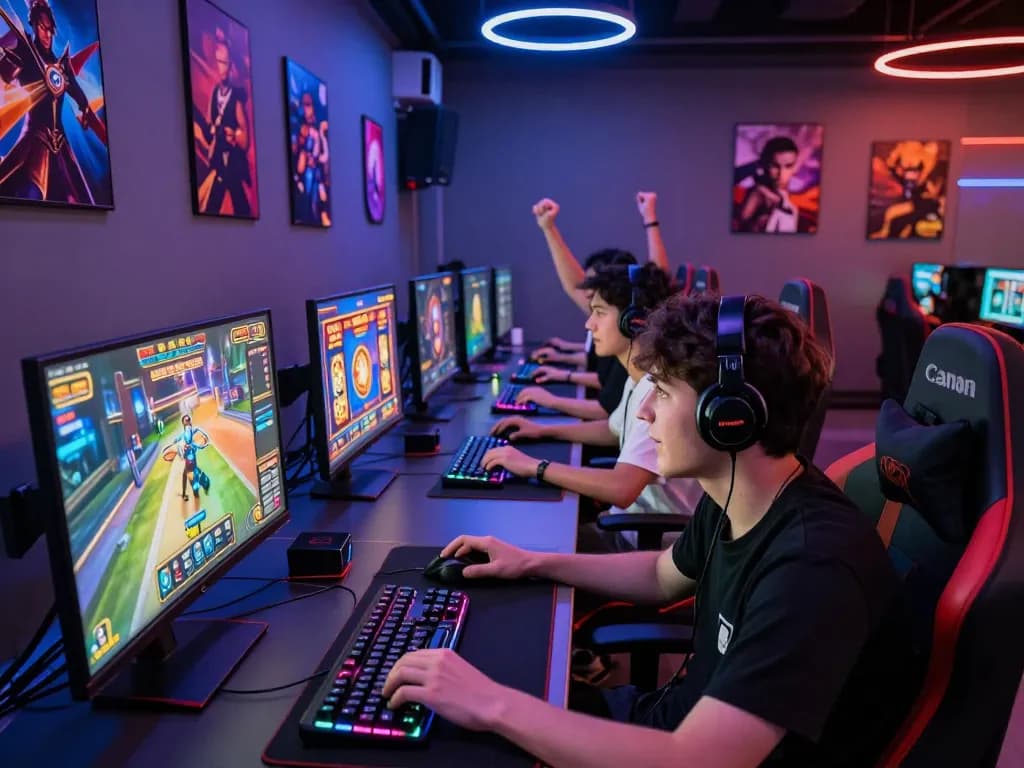 Gamers enjoying thrilling slot games at vegasslot77.com in a vibrant gaming lounge