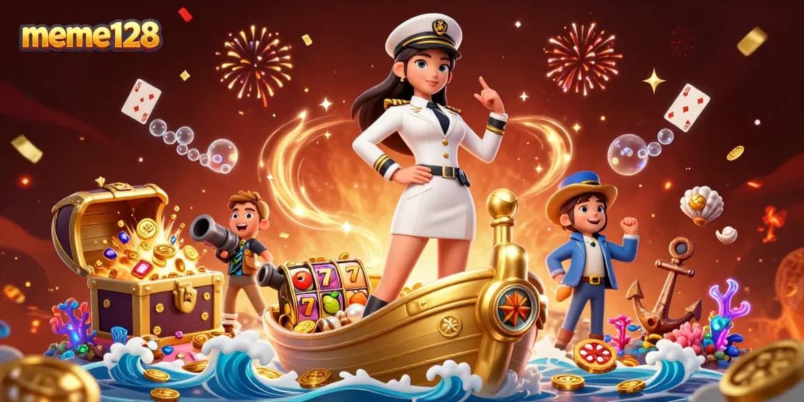 Engage with exciting games at meme128, featuring a triumphant Asian naval officer amid vibrant casino elements.