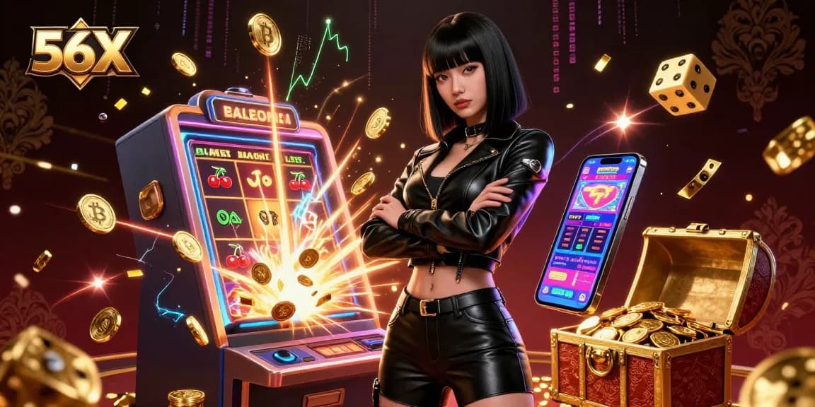 Engage with the 56X casino experience, featuring a powerful character amidst slot machine jackpots and neon graphics.