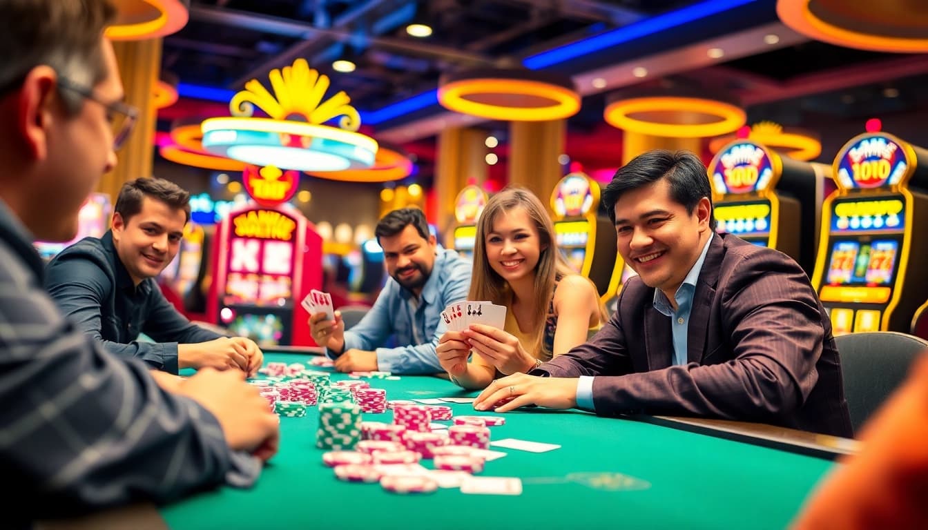 Permainan kasino bbni4d dengan pemain bersemangat di meja dan chip berwarna-warni.