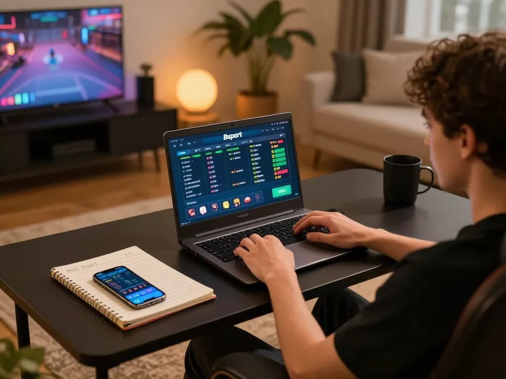 Engaging with Bsport for online sports betting at a stylish home gaming setup, showcasing dynamic betting action.