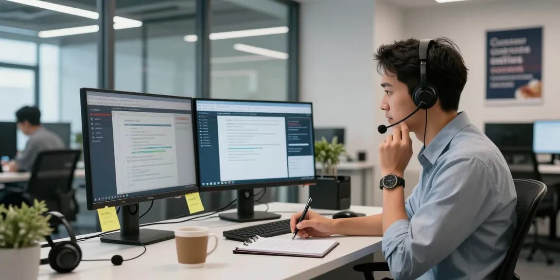 Customer service representative providing Telus-Technical-Support in a modern office.