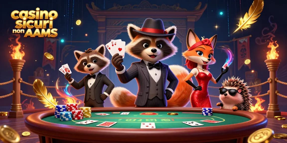 Giocando a poker con un procione in completo a righe presso casino sicuri non AAMS, con effetti neon vibranti.