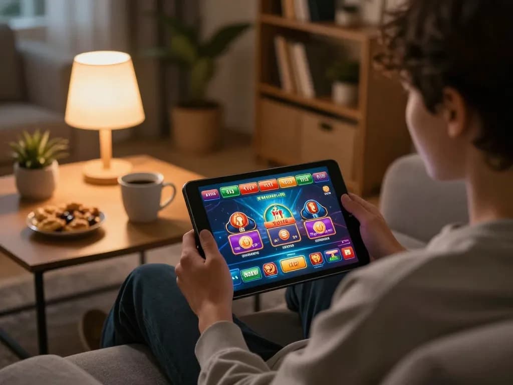 Engaging gameplay on 888now com displayed on tablet in cozy living room setting