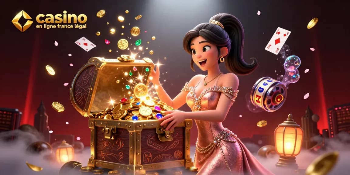Scène engageante présentant un casino en ligne France légal avec des trésors et des symboles de jeu dans des couleurs vives.