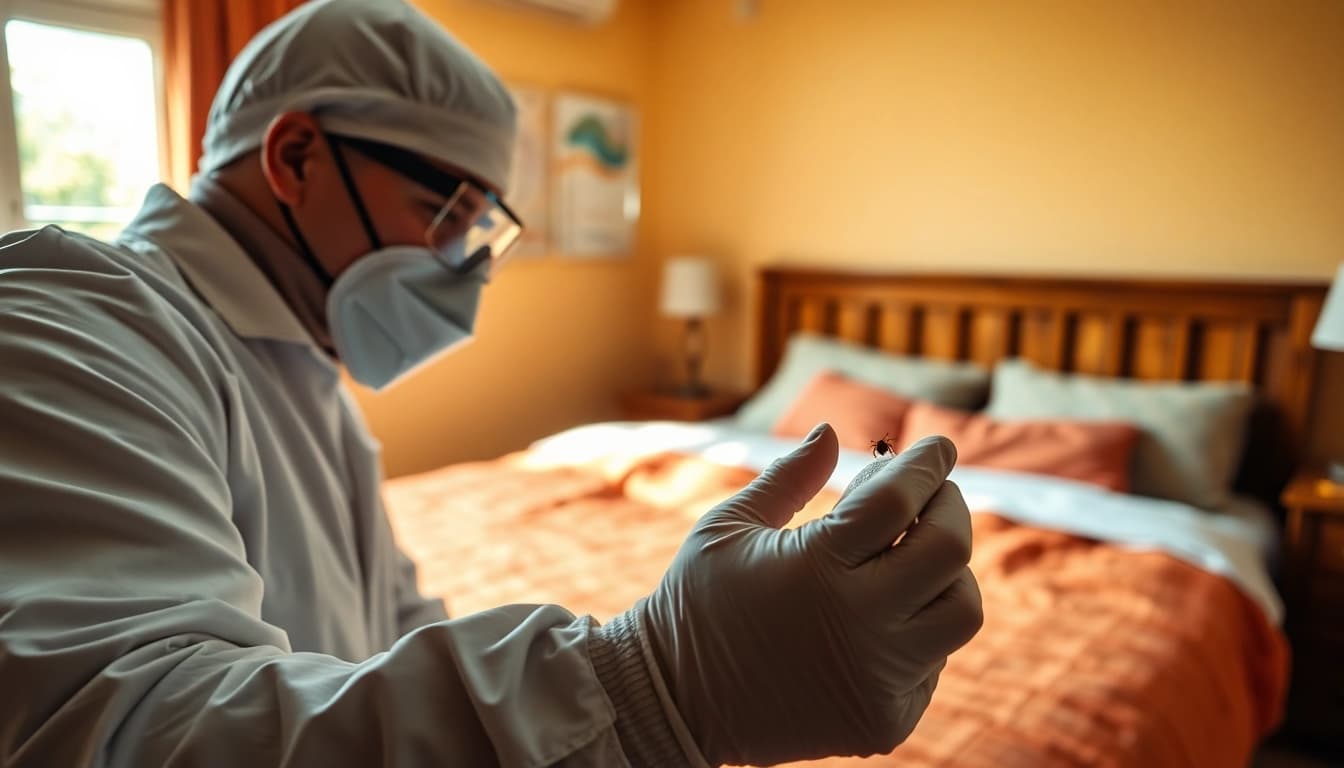 Exterminator applying bed bug control treatment in a cozy bedroom.