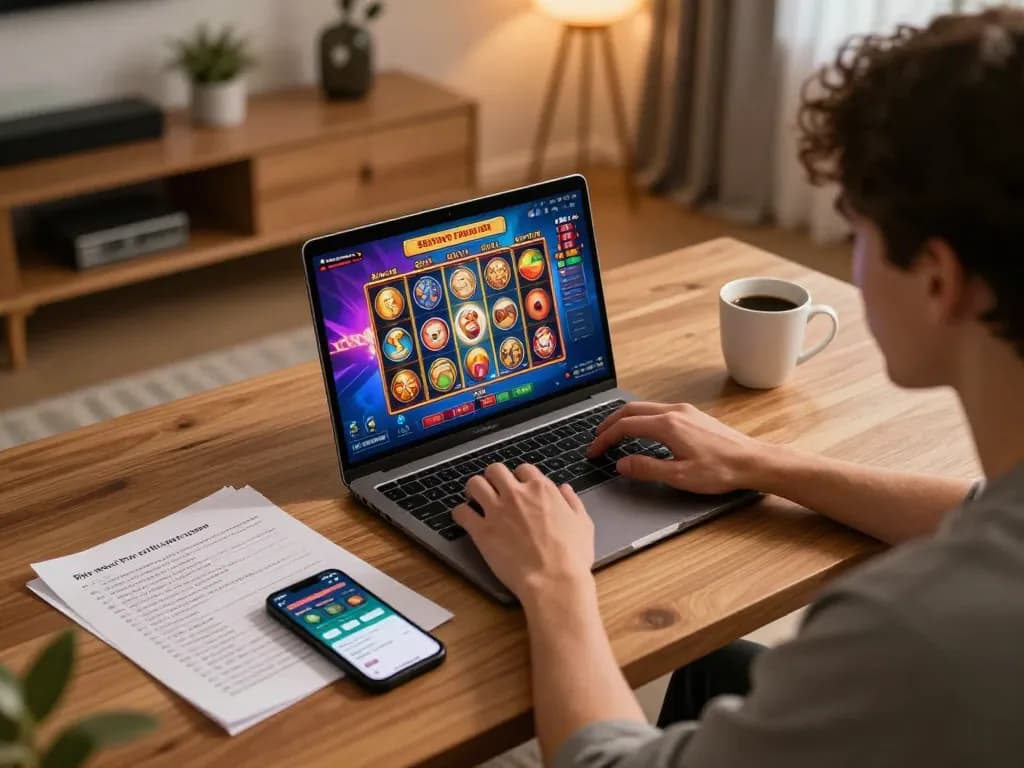 Engaging gameplay on a situs slot game at home with strategic betting notes.