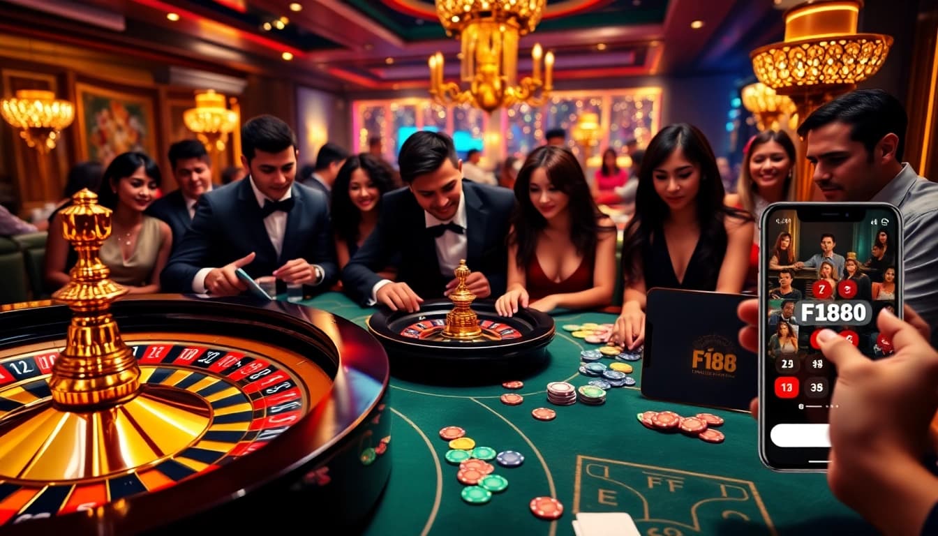 Players engaging with the F168 casino offering cards and chips in an exciting gaming atmosphere.