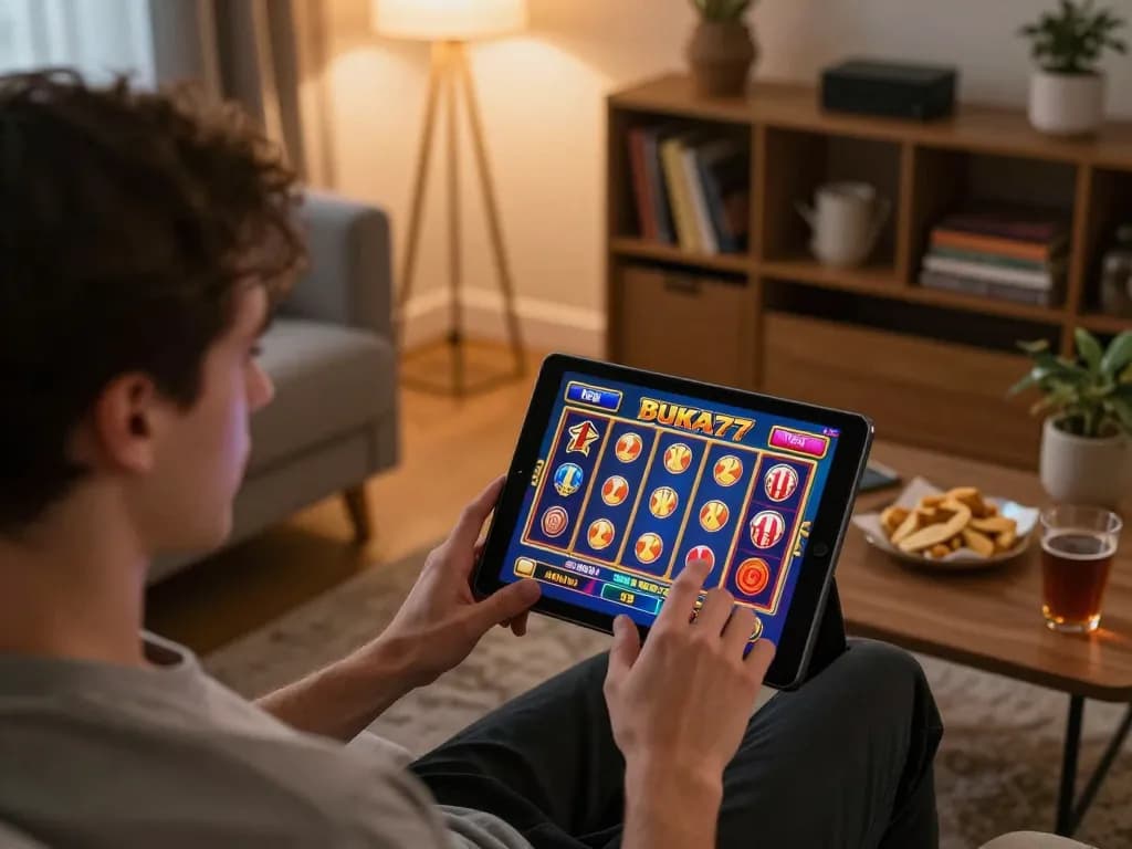 BUKA77 slot game interface highlighted on tablet screen, showcasing vibrant graphics and user engagement.