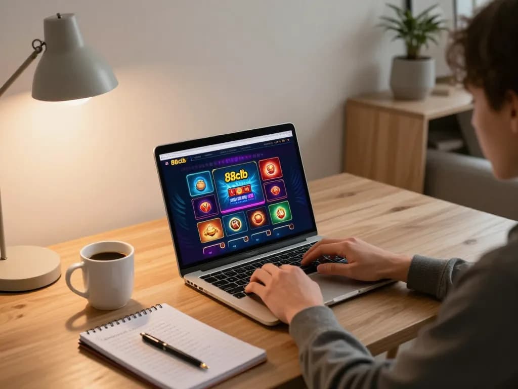 Player engaging with 88clb online casino on a laptop, showcasing exciting gaming strategies.