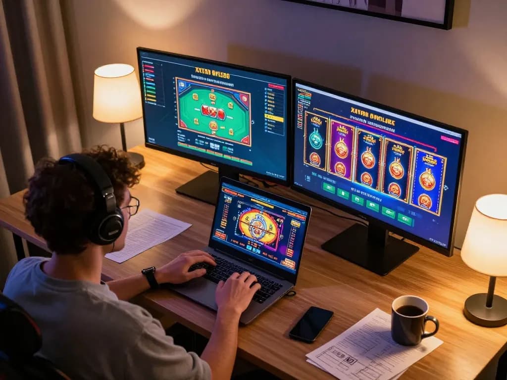 Player engaged in XX88 online casino games at home, highlighting strategic gambling setup