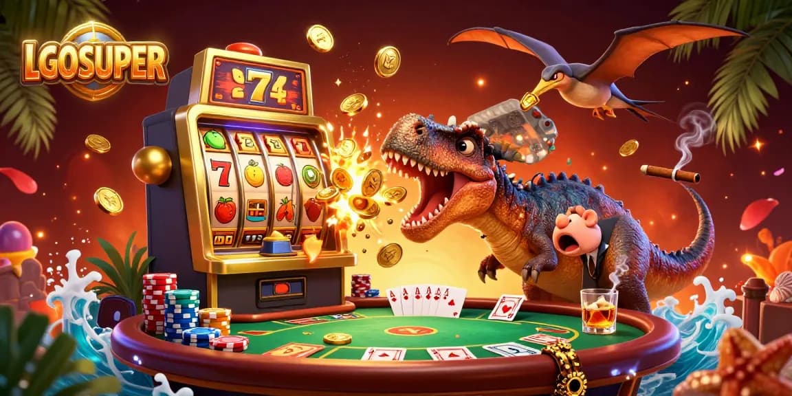 Jackpot explosion as LGOSUPER dinosaurs play casino, with golden coins raining down.