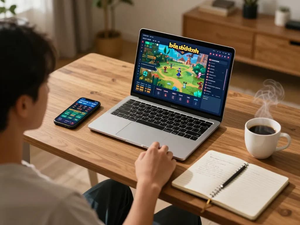 Engaging in game bài đổi thưởng during an online session at home with laptop and betting notes.