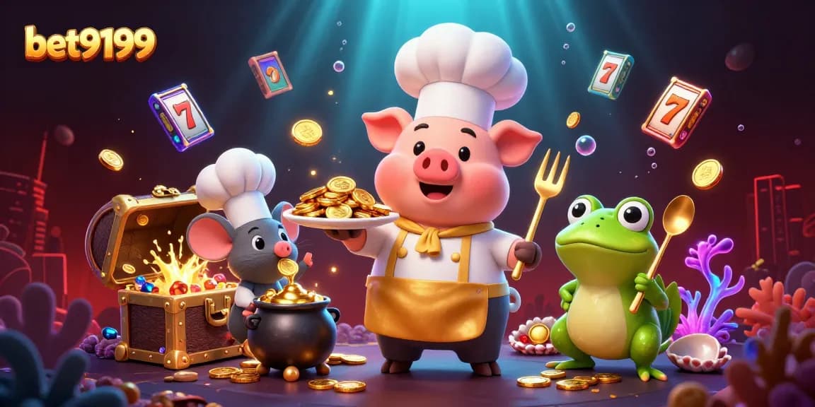 Experience the excitement of bet9199 with a chef pig serving gold coins in a vibrant casino scene.