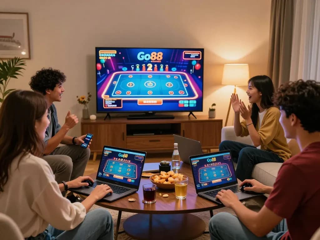 Exciting Go88 online casino gaming experience with friends in a cozy living room.