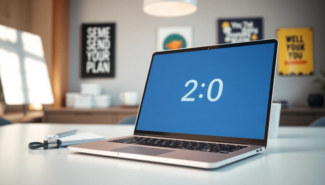 Sending a countdown verschicken message from a sleek laptop in a bright office setting.