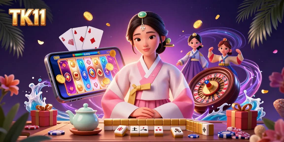 Engage in thrilling gameplay at TK11 Casino with a vibrant 3D depiction of games, bonuses, and player excitement.