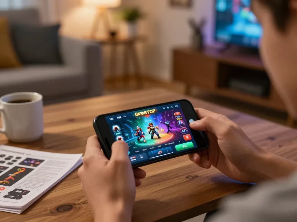 Engaging with non gamstop casinos app on smartphone in a cozy home setting.