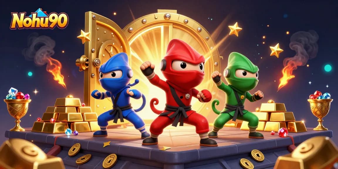 Nohu90 offers a vibrant online casino experience with a dynamic scene featuring ninja chameleons and treasure.