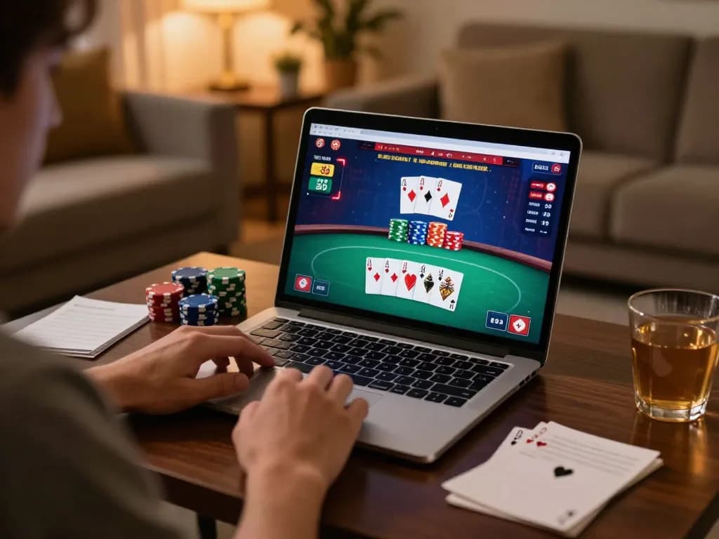 Uk88 player strategizing for poker success from home, displaying gaming interface and cozy atmosphere.