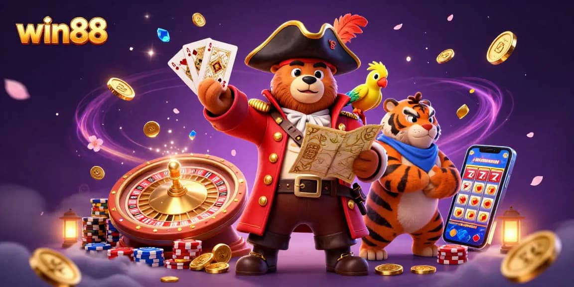 Join the action at win88 with a colorful casino scene featuring a pirate bear and his crew.