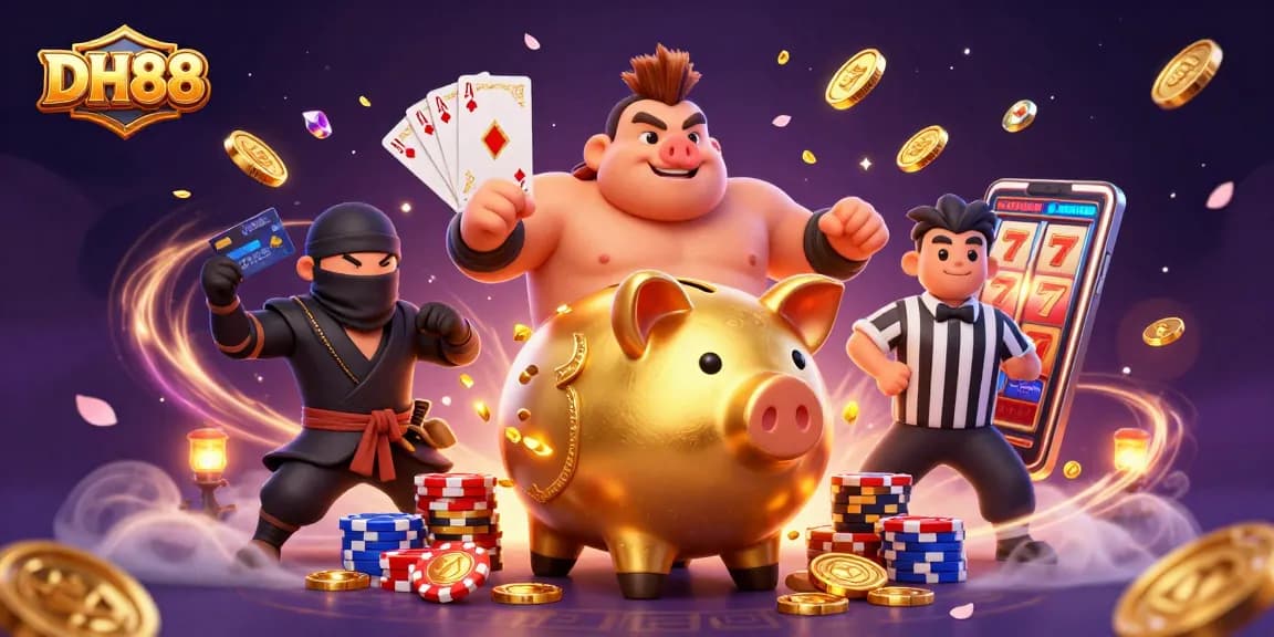 DH88 casino scene showcasing a dynamic golden piggy bank sumo wrestler and friends amidst vibrant gambling elements.