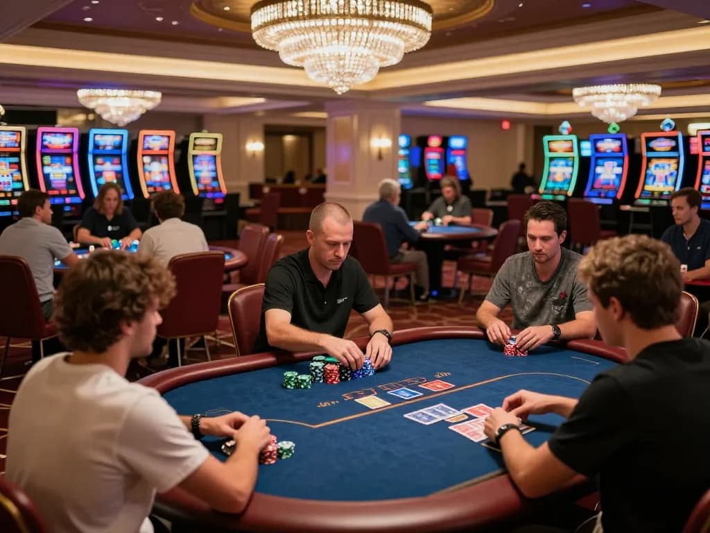 Excited players placing bets at poker tables while enjoying the luxury atmosphere of 888new casino.
